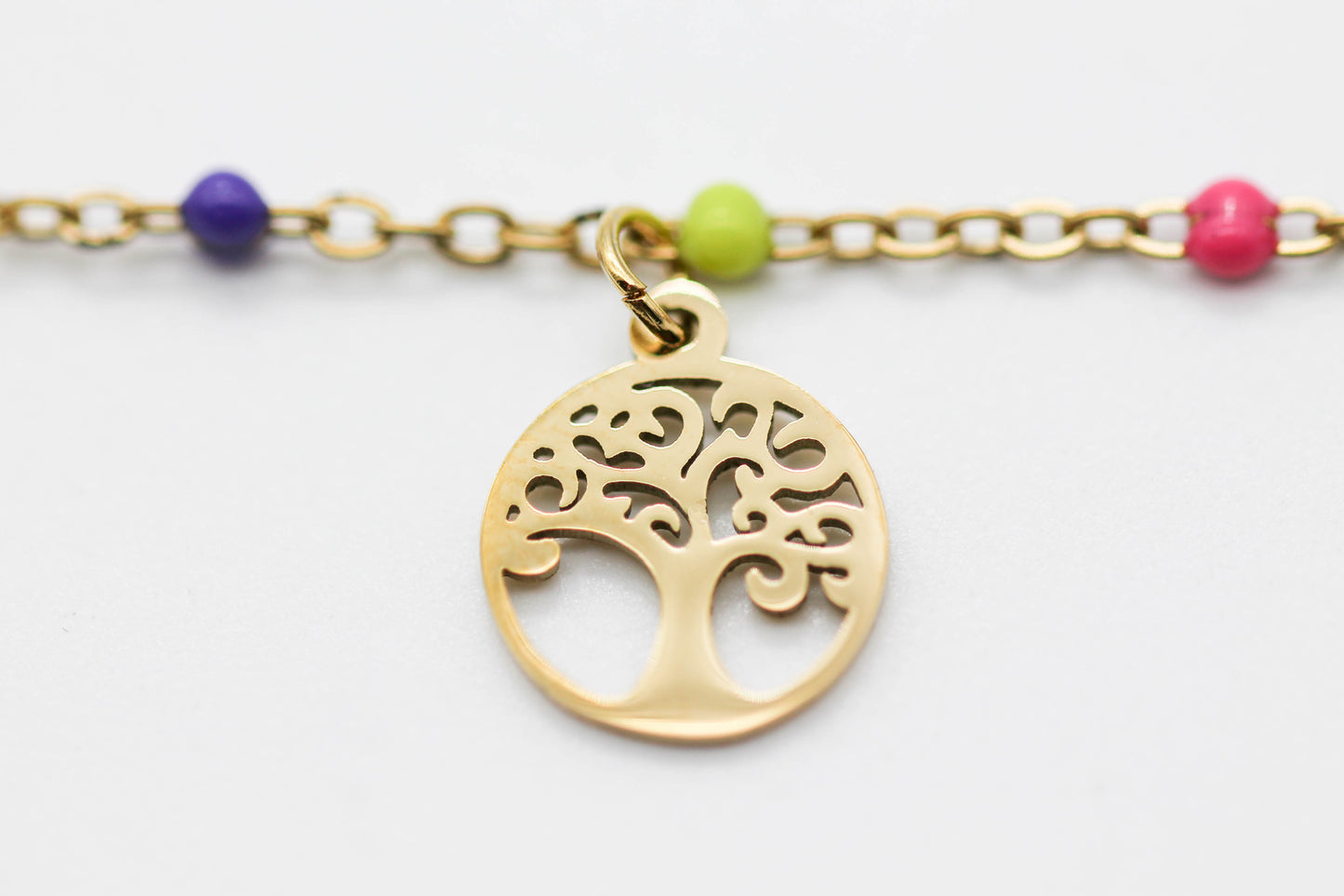 PULSERA 3 ARBOL DE LA VIDA (10MM) COLGANDO, ESMALTES DE COLORES 17.5CM + EXTENSION DE 5CM, TONO DORADO