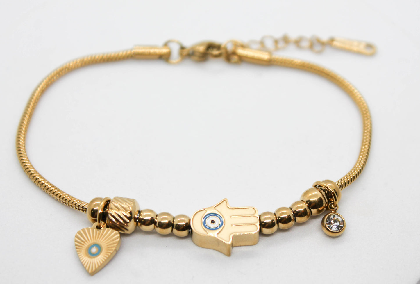 PULSERA MANO DE FATIMA CADENA COLA DE RATON CORAZON CIRCONIA COLGANDO 6 ESFERAS; 17.5CM + 4CM DE EXTENSION