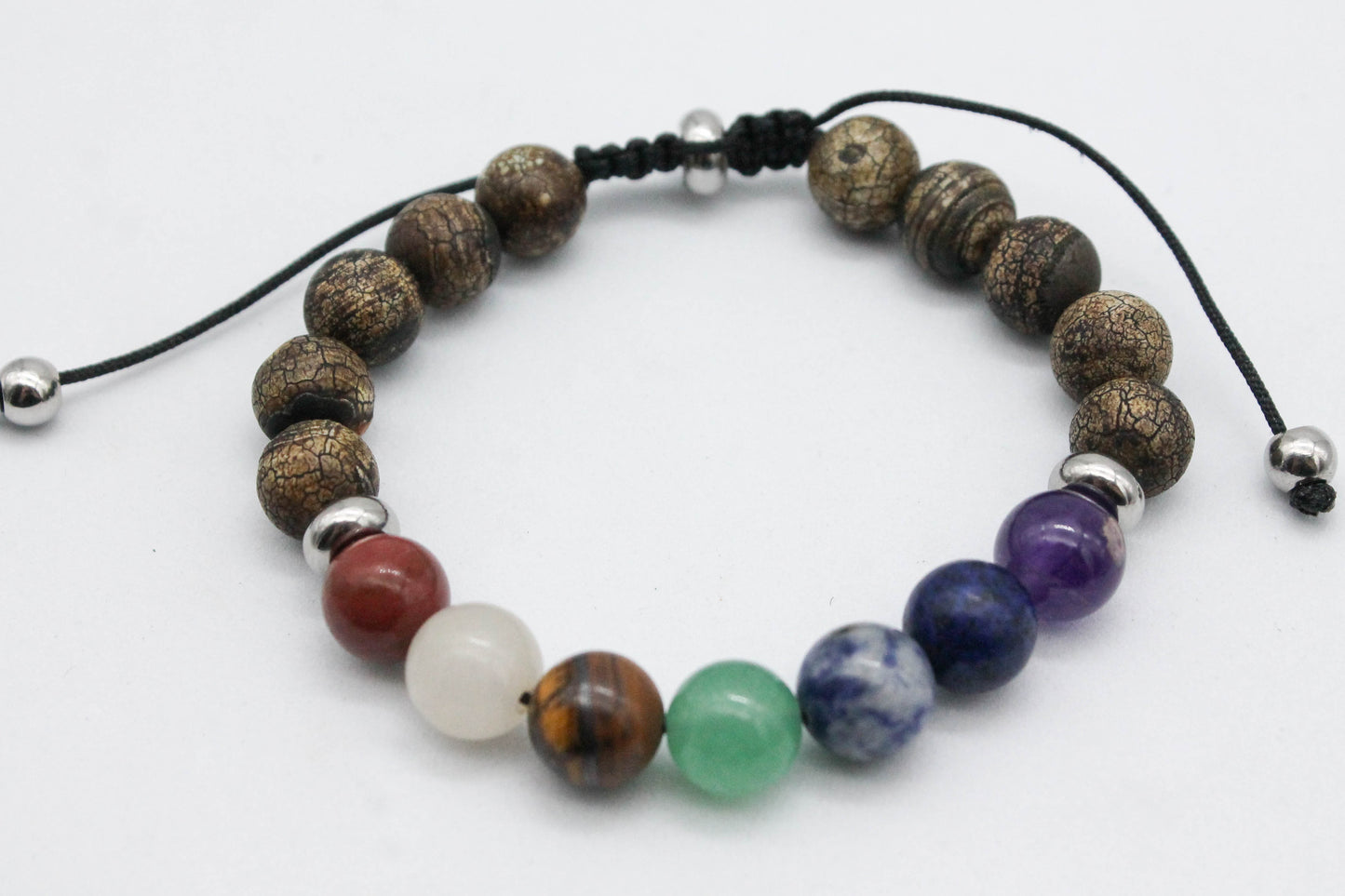 PULSERA TEJIDA HILO NEGRO, ESFERA AGATA QUEMADA, PIEDRAS NATURALES 7 CHAKRAS 10MM