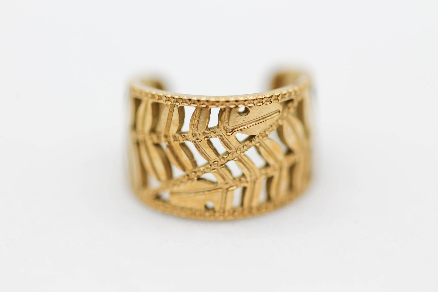 *EAR CUFF/ PIERNCIG FALSO/ CONCIENCIAS HOJAS 8M DE ANCHO , TONO DORADO*