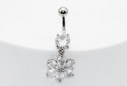 PIERCING OMBLIGO CIRCONIA MONTADA 7MM FLOR 6 PETALOS  17X16MM ; TONO PLATEADO