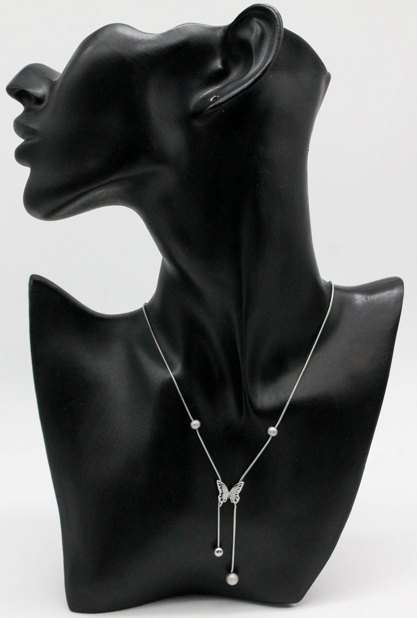 COLLAR CADENA COLA DE RATON MARIPOSA RESALTADA AZUCARADA 13MM ESFERA LISA (5MM)/AZUCUCARADA (6MM) COLGANDO,40CM + EXTENSION 5CM; TONO PLATEADO