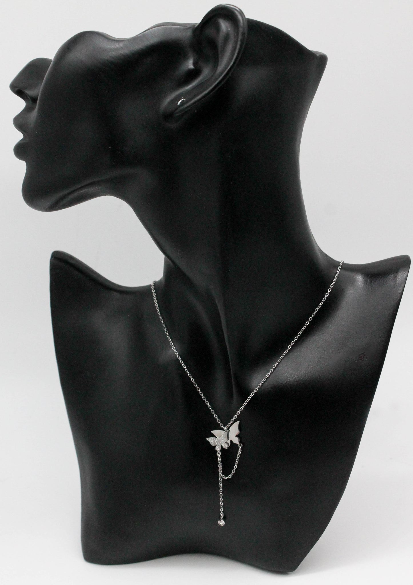 COLLAR MARIPOSA DOBLE 20MM, CADENA CIRCONIA COLGANDO, 40CM + EXTENSION 6CM; TONO PLATEADO