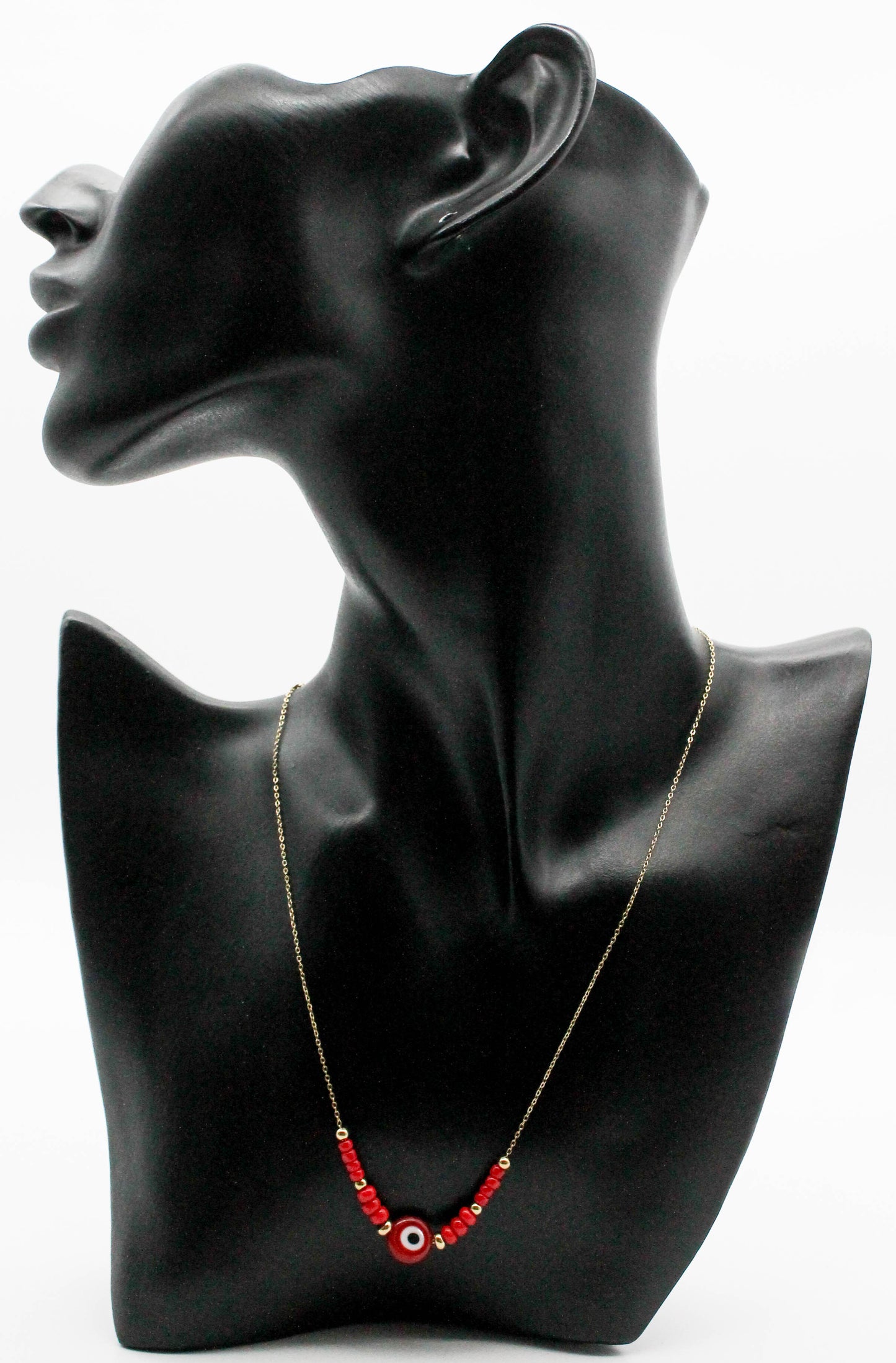 COLLAR OJO TURCO ROJO 10MM, 3 CHAQUIRAS MEDIANAS, 3 CHICAS 40CM DE LARGO EXTENSION DE 5CM