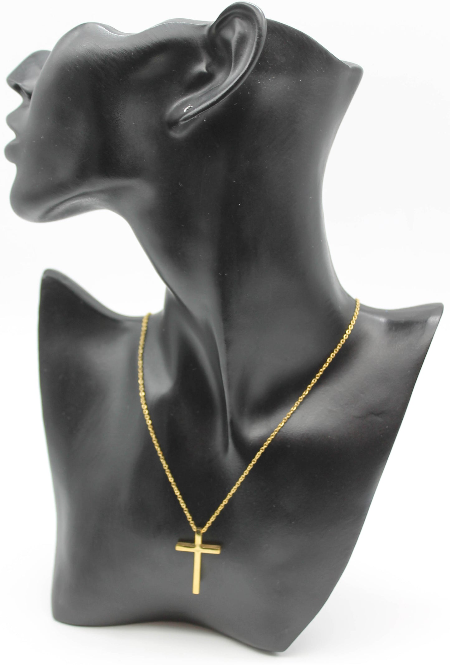 COLLAR CRUZ PLANA 30X20MM CADENA BASICA 45CM + 5CM DE EXTENSION; TONO DORADO