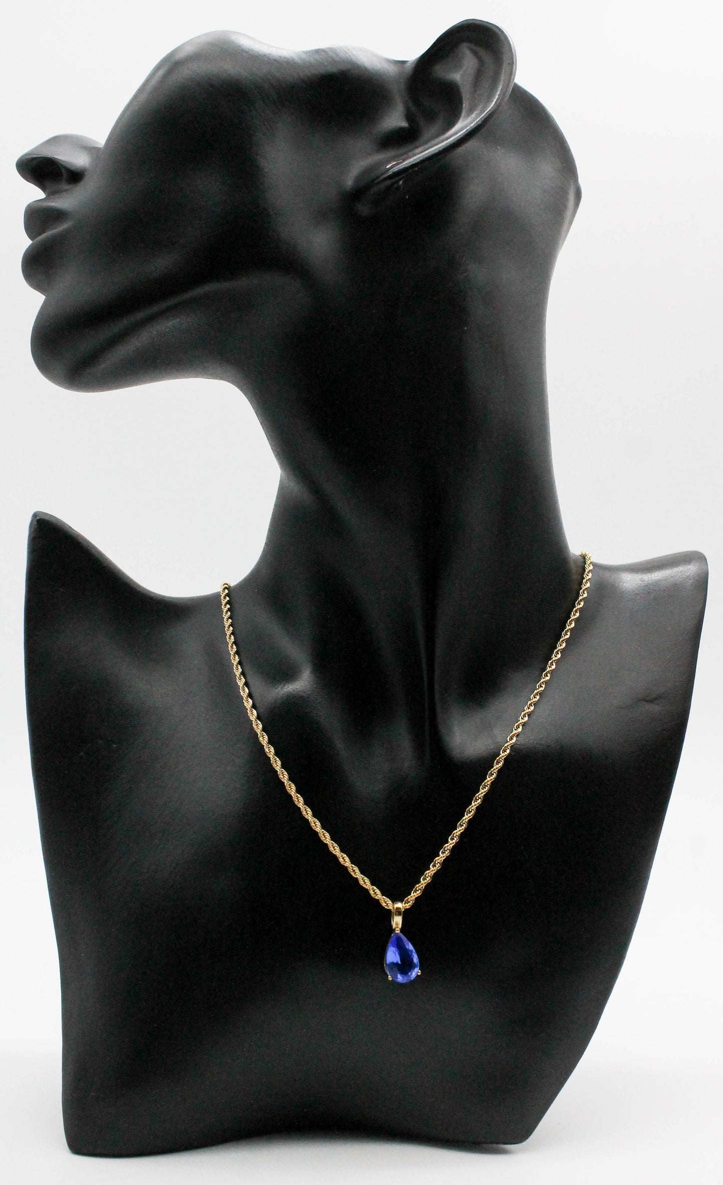 COLLAR GOTA AZUL ZAFIRO 20MM CADENA TORSAL 2MM DE GROSOR 39CM + EXTENSION 6CM; TONO DORADO