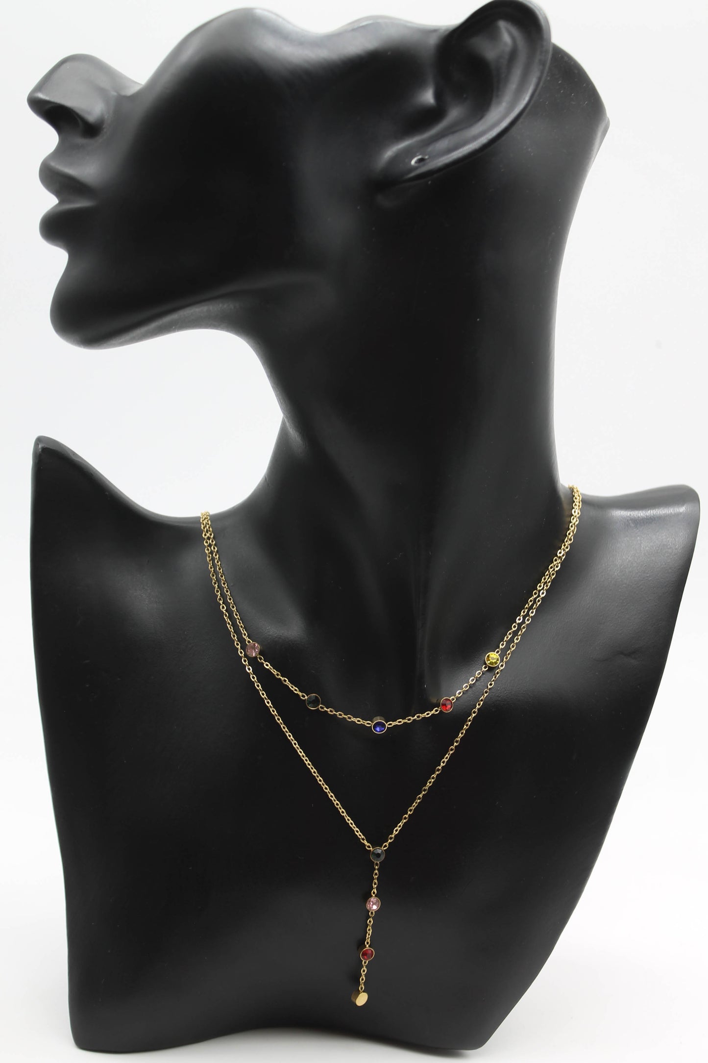 COLLAR DOBLE CIRCONIAS COLORES; TONO DORADO