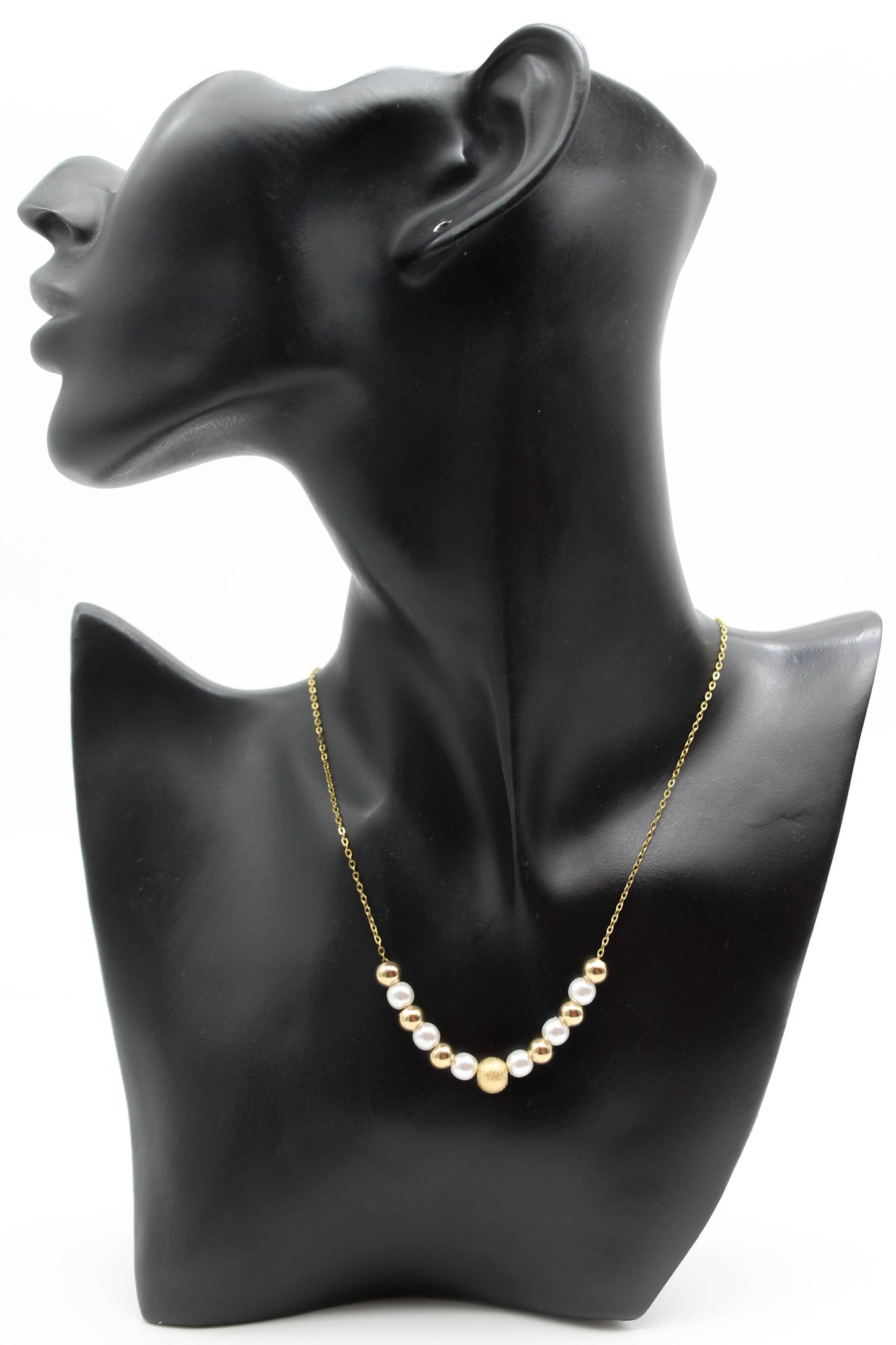 COLLAR ESFERAS Y PERLAS SINTETICAS ALTERNADAS; TONO DORADO