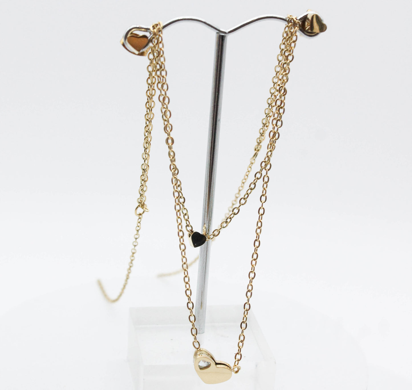 SET DOBLE CORAZON CIRCONIA 11MM CORAZON MINI 4MM BROQUELES 4MM; CADENAS 30 y 40CM; TONO DORADO