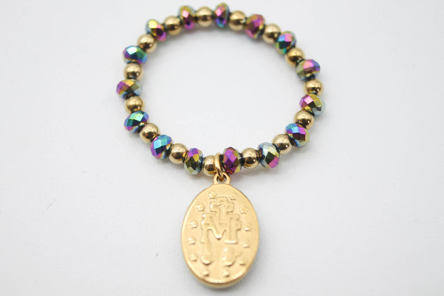 ANILLO ELÁSTICO CRISTAL TORNASOL MEDALLA "MILAGROSA"