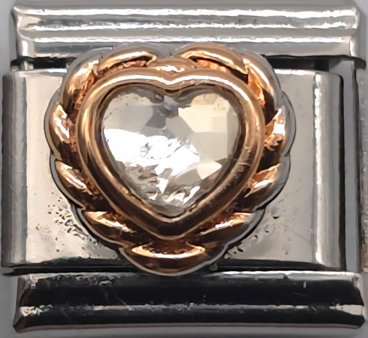 CHARM CORAZON CIRCONIA BLANCA RELIEVE DORADO; PULSERA ITALIANA