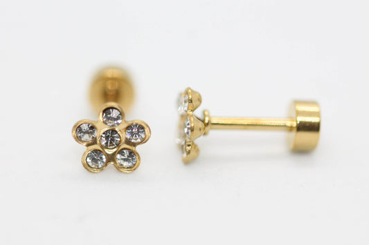 BROQUELES FLOR CON 6 CIRCONIAS 6MM TOPE DE ROSCA; TONO DORADO