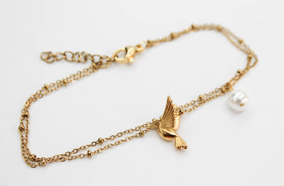 PULSERA DOBLE, PERLA DE RÍO Y COLIBRÍ, TONO DORADO, CHAPA, 18CM DE LARGO + EXTENSION DE 3CM