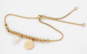 PULSERA CADENA AJUSTABLE, PERLA, SAN BENITO, ESFERITAS, TONO DORADO, CHAPA