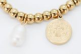 PULSERA CADENA AJUSTABLE, PERLA, SAN BENITO, ESFERITAS, TONO DORADO, CHAPA