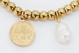 PULSERA CADENA AJUSTABLE, PERLA, SAN BENITO, ESFERITAS, TONO DORADO, CHAPA