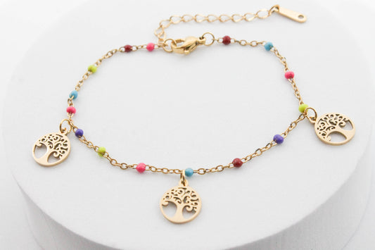 PULSERA 3 ARBOL DE LA VIDA (10MM) COLGANDO, ESMALTES DE COLORES 17.5CM + EXTENSION DE 5CM, TONO DORADO