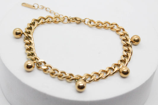 PULSERA BARBADA 5 ESFERA COLGANDO 17CM + 4CM DE EXTENSION; TONO DORADO