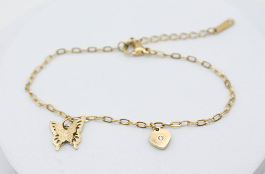 PULSERA ESLABON CORAZON CIRCONIA/ MARIPOSA COLGANDO 17CM + EXTENSION DE 4CM