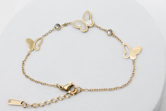 PULSERA 3 MARIPOSAS 2 CIRCONIAS 17CM + EXTENSION 4CM