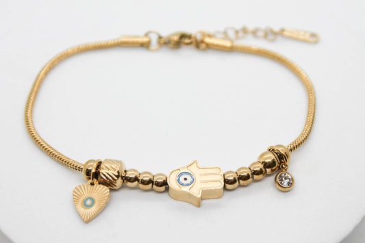PULSERA MANO DE FATIMA CADENA COLA DE RATON CORAZON CIRCONIA COLGANDO 6 ESFERAS; 17.5CM + 4CM DE EXTENSION