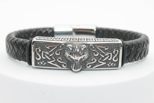 PULSERA CABALLERO NEGRA TRENZA GRUESA PLACA ACERO ROSTRO DE LOBO 21CM