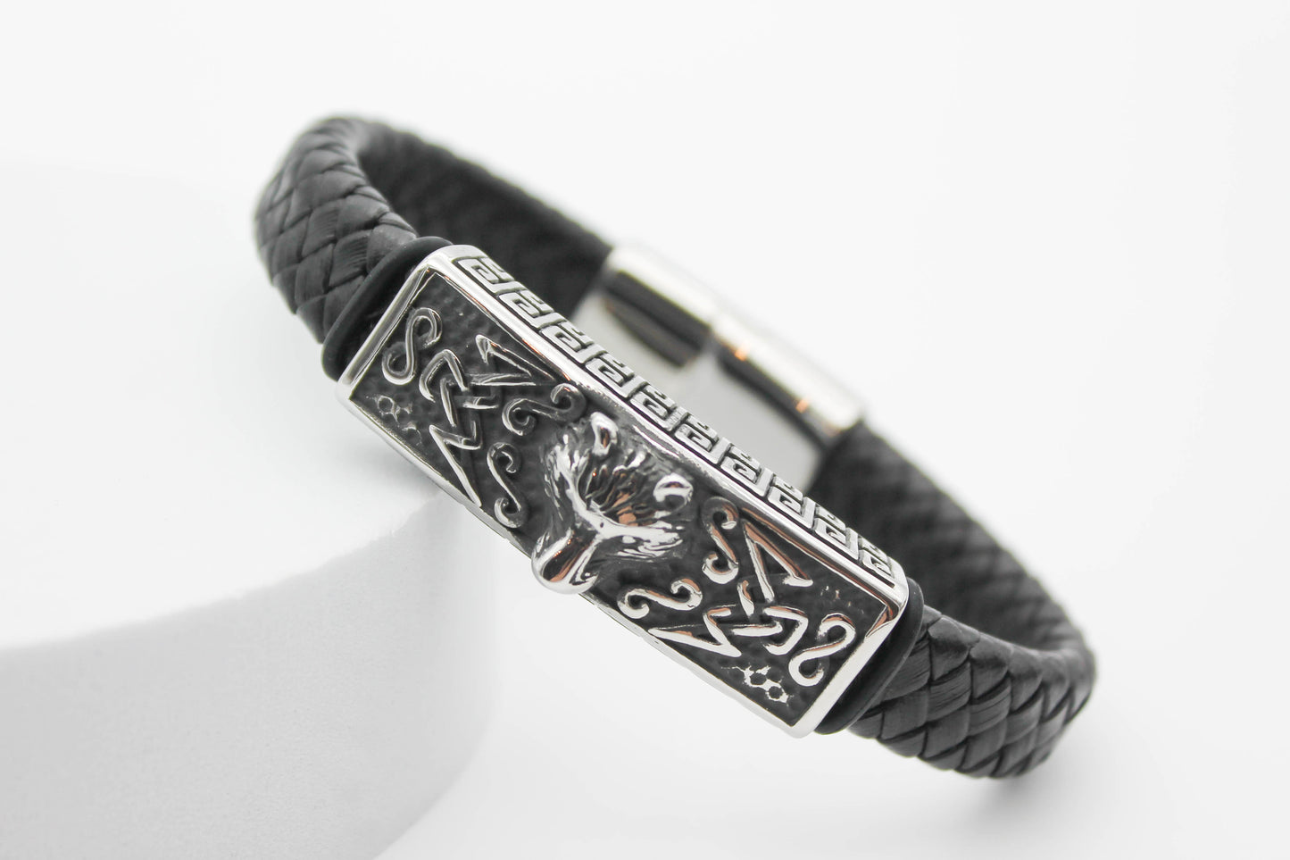 PULSERA CABALLERO NEGRA TRENZA GRUESA PLACA ACERO ROSTRO DE LOBO 21CM