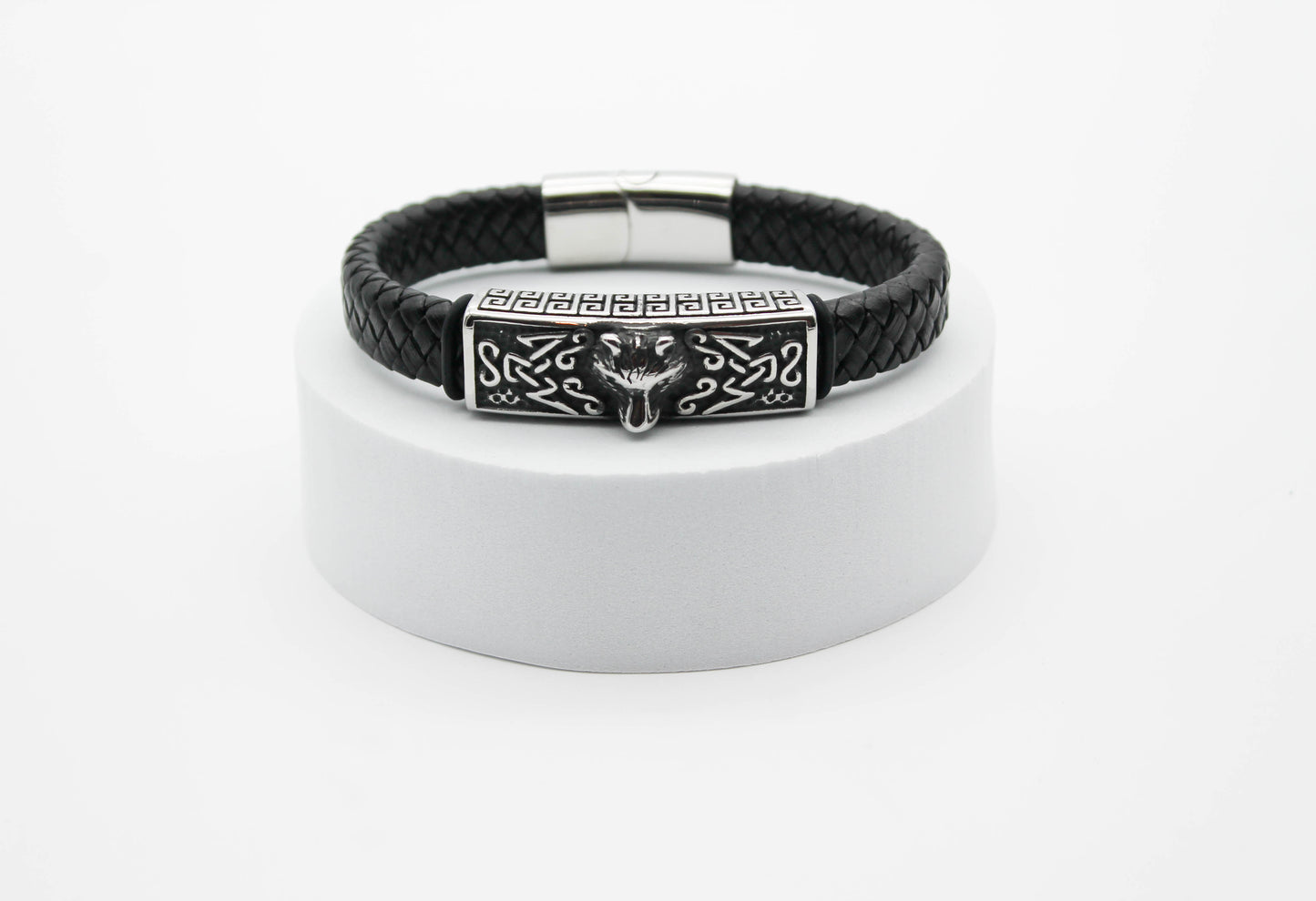 PULSERA CABALLERO NEGRA TRENZA GRUESA PLACA ACERO ROSTRO DE LOBO 21CM