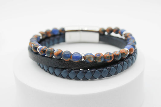 PULSERA 3- 1 TRENZA AZUL FUERTE/AZUL CLARO, LISA, ESFERAS MOSAICO AZUL CUARZO 21CM