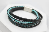 PULSERA 4-1 TRENZA RUBULAR, TRENZA PLANA NEGRA, PIEDRA AGATA AZUL TEJIDA TRENZA PLANA AZUL Y NEGRO 21CM