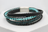 PULSERA 4-1 TRENZA RUBULAR, TRENZA PLANA NEGRA, PIEDRA AGATA AZUL TEJIDA TRENZA PLANA AZUL Y NEGRO 21CM