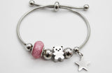PULSERA TIPO PANDORA CON OSITO ESFERA ROSA, AJUSTABLE