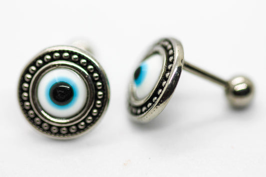 BROQUELES OJO AZUL CON TOPE DE ROSCA; TONO PLATEADO