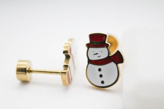 BROQUEL MUÑECO DE NIEVE NAVIDAD ESMALTE BLANCO/ROJO CON TOPE DE ROSCA, TONO DORADO