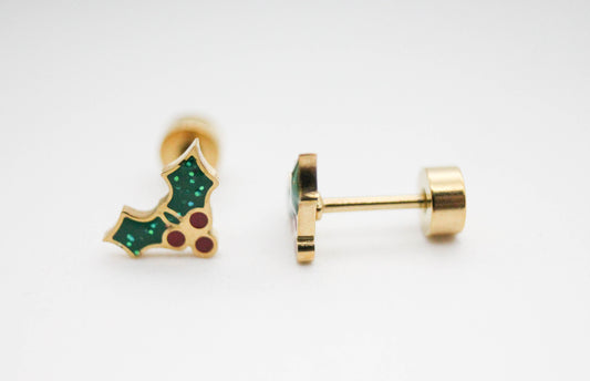 BROQUEL MUERDAGO NAVIDAD ESMALTE VERDE/ROJO 7X9 MM, TONO DORADO