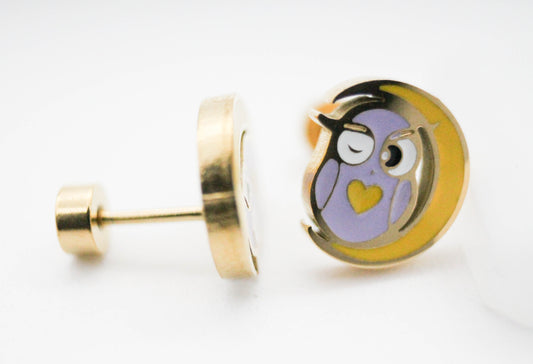 BROQUEL BUHO/LUNA 10 MM ESMALTE MORADO/AMARILLO CON POSTE, TONO DORADO