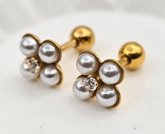 BROQUEL CUATRO PERLAS CIRCONIA AL CENTRO 5X5MM CON TOPE DE ROSCA; TONO DORADO