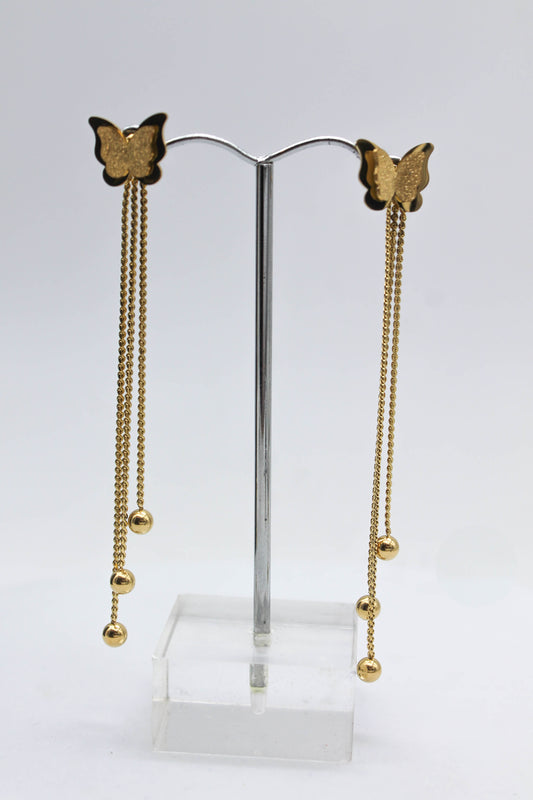 ARETES MARIPOSA AZUCARADA 10MM TRES TIRAS 7CMS; TONO DORADO