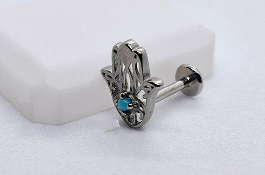 PIERCING MANO FATIMA PIEDRA AZUL; TONO PLATEADO