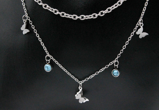 COLLAR DOBLE ESLABON GRUESO 40CM, CADENA DELGADA 3 MARIPOSA COLGANDO LISA 6MM AZUC 8MM 2 PIEDRA AZULES, 44CM + EXTENSION 5CM; TONO PLATEADO