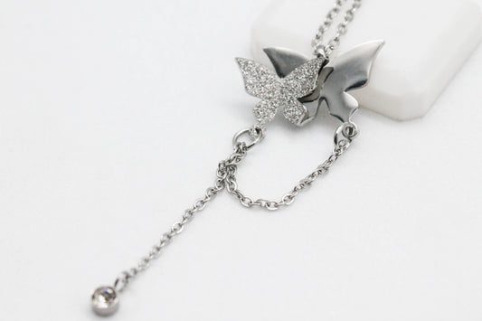 COLLAR MARIPOSA DOBLE 20MM, CADENA CIRCONIA COLGANDO, 40CM + EXTENSION 6CM; TONO PLATEADO