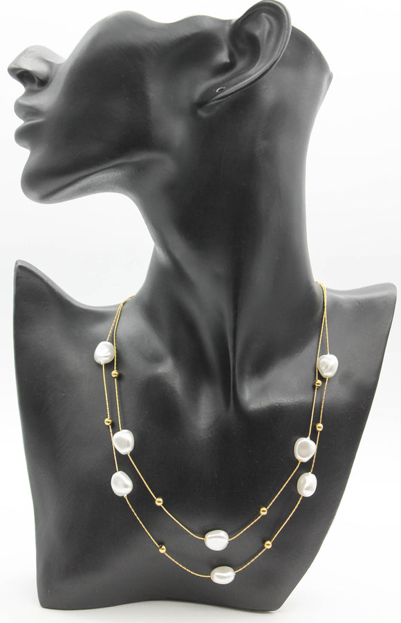 COLLAR DOBLE CADENA COLA DE RATON PERLAS SINTETICAS ESFERAS DORADAS 42CM