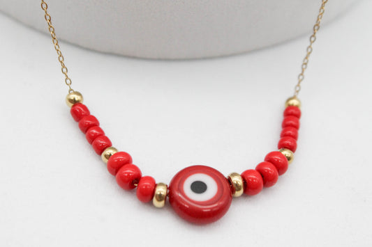 COLLAR OJO TURCO ROJO 10MM, 3 CHAQUIRAS MEDIANAS, 3 CHICAS 40CM DE LARGO EXTENSION DE 5CM