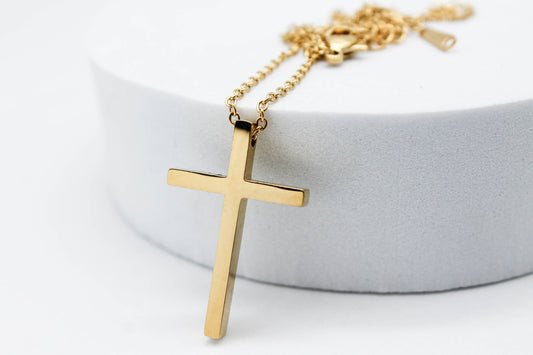 COLLAR CRUZ PLANA 30X20MM CADENA BASICA 45CM + 5CM DE EXTENSION; TONO DORADO