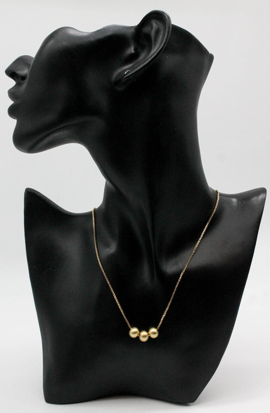 COLLAR CADENA CUADRADA 3 ESFERAS AZUCARADAS SOLIDAS (8MM) 40CM + EXTENSION DE 5CM; TONO DORADO