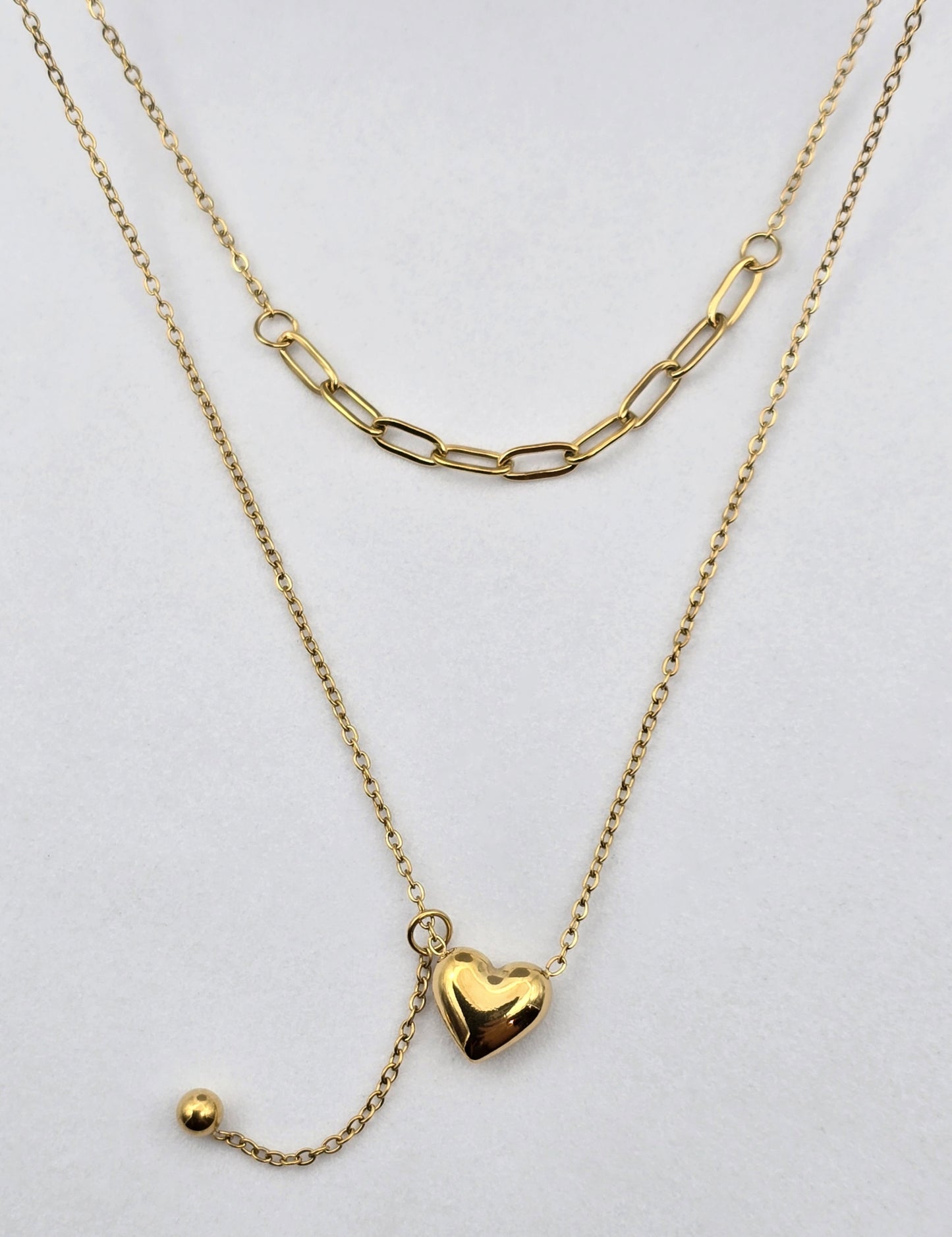 COLLAR DOBLE CORAZON 3D CADENA SUELTA ESFERA CADENAS 40 Y 45CMS + 5 CMS EXTENSION; TONO DORADO