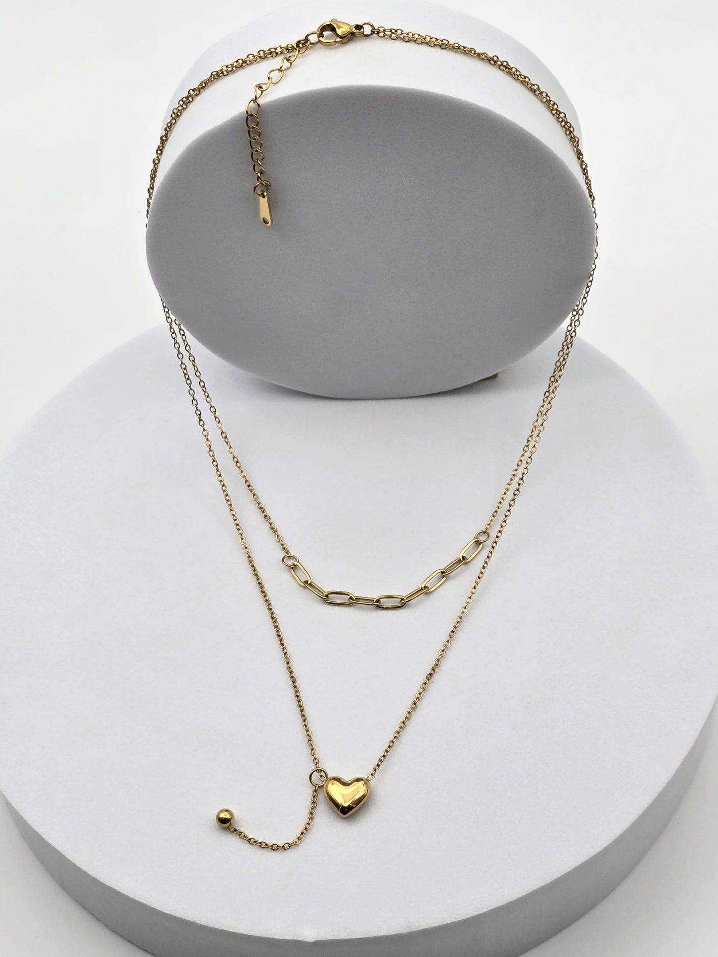 COLLAR DOBLE CORAZON 3D CADENA SUELTA ESFERA CADENAS 40 Y 45CMS + 5 CMS EXTENSION; TONO DORADO