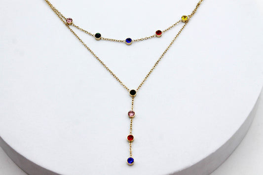 COLLAR DOBLE CIRCONIAS COLORES; TONO DORADO