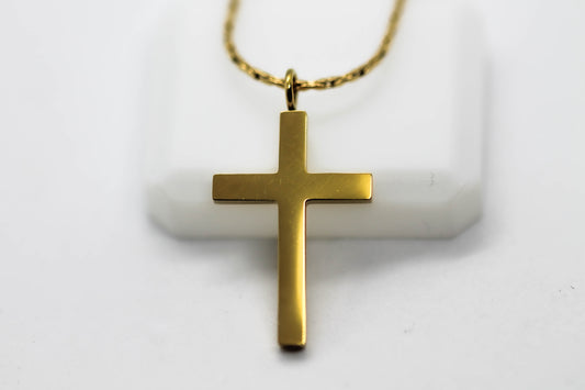 COLLAR CRUZ LISA 18MM CADENA MINIMALISTA 45CMS + 5CMS DE EXTENSION; TONO DORADO
