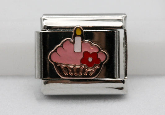 CHARM MUFFIN CUMPLEAÑOS ESMALTE ROSA PULSERA ITALIANA